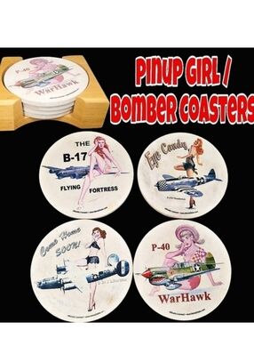 Retro Pinup Girl War Bomber 4 Coasters Set & Wood Holder